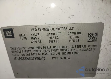 2016 Chevrolet Cruze Limited Ls z USA, uszkodzony, nr VIN 1G1PC5SH6G7208643